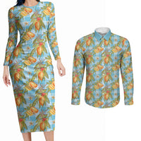 Vintage Hawaii Mango Couples Matching Long Sleeve Bodycon Dress and Long Sleeve Button Shirt Blue Hawaiian Palaka