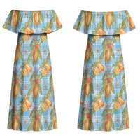 Vintage Hawaii Mango Couples Matching Off Shoulder Maxi Dress and Long Sleeve Button Shirt Blue Hawaiian Palaka