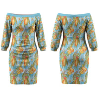 Vintage Hawaii Mango Couples Matching Off The Shoulder Long Sleeve Dress and Hawaiian Shirt Blue Hawaiian Palaka