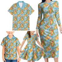 Vintage Hawaii Mango Family Matching Long Sleeve Bodycon Dress and Hawaiian Shirt Blue Hawaiian Palaka