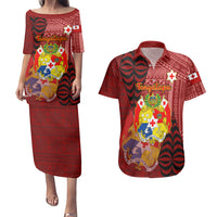 Personalized Tonga Couples Matching Puletasi Dress and Hawaiian Shirt Coat Of Arms Tongatapu With Ngatu Pattern LT05 Red - Polynesian Pride