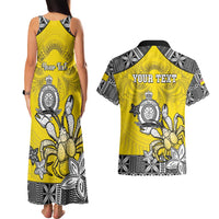 Personalised Happy Niue Constitution Day Couples Matching Tank Maxi Dress and Hawaiian Shirt Niuean Crab Hiapo Pattern Yellow Version
