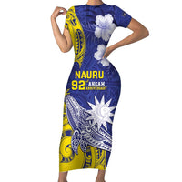 Personalised Nauru 92nd Anniversary Of Angam Family Matching Short Sleeve Bodycon Dress and Hawaiian Shirt Polynesian Whale Pattern