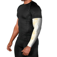 Niue White Sunday Arm Sleeves Niuean Hiapo With Puakenikeni Lei