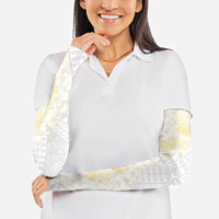 Niue White Sunday Arm Sleeves Niuean Hiapo With Puakenikeni Lei