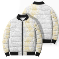 Niue White Sunday Bomber Puffer Jacket Niuean Hiapo With Puakenikeni Lei