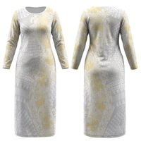 Niue White Sunday Couples Matching Long Sleeve Bodycon Dress and Hawaiian Shirt Niuean Hiapo With Puakenikeni Lei