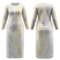 Niue White Sunday Couples Matching Long Sleeve Bodycon Dress and Long Sleeve Button Shirt Niuean Hiapo With Puakenikeni Lei