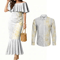 Niue White Sunday Couples Matching Mermaid Dress and Long Sleeve Button Shirt Niuean Hiapo With Puakenikeni Lei