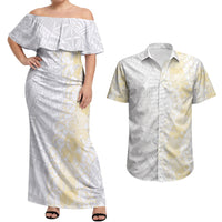 Niue White Sunday Couples Matching Off Shoulder Maxi Dress and Hawaiian Shirt Niuean Hiapo With Puakenikeni Lei