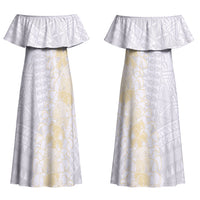 Niue White Sunday Couples Matching Off Shoulder Maxi Dress and Hawaiian Shirt Niuean Hiapo With Puakenikeni Lei