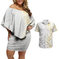 Niue White Sunday Couples Matching Off Shoulder Short Dress and Hawaiian Shirt Niuean Hiapo With Puakenikeni Lei