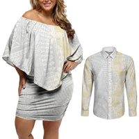 Niue White Sunday Couples Matching Off Shoulder Short Dress and Long Sleeve Button Shirt Niuean Hiapo With Puakenikeni Lei