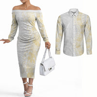 Niue White Sunday Couples Matching Off The Shoulder Long Sleeve Dress and Long Sleeve Button Shirt Niuean Hiapo With Puakenikeni Lei
