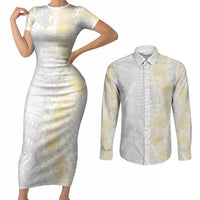 Niue White Sunday Couples Matching Short Sleeve Bodycon Dress and Long Sleeve Button Shirt Niuean Hiapo With Puakenikeni Lei
