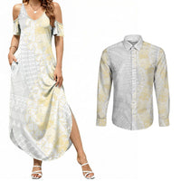Niue White Sunday Couples Matching Summer Maxi Dress and Long Sleeve Button Shirt Niuean Hiapo With Puakenikeni Lei