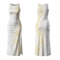 Niue White Sunday Couples Matching Tank Maxi Dress and Hawaiian Shirt Niuean Hiapo With Puakenikeni Lei