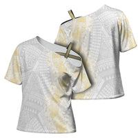 Niue White Sunday Cross Shoulder Shirt Niuean Hiapo With Puakenikeni Lei