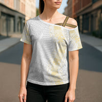 Niue White Sunday Cross Shoulder Shirt Niuean Hiapo With Puakenikeni Lei
