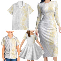 Niue White Sunday Family Matching Long Sleeve Bodycon Dress and Hawaiian Shirt Niuean Hiapo With Puakenikeni Lei