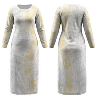 Niue White Sunday Family Matching Long Sleeve Bodycon Dress and Hawaiian Shirt Niuean Hiapo With Puakenikeni Lei