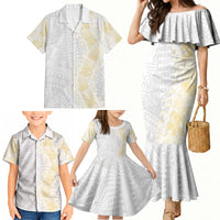Niue White Sunday Family Matching Mermaid Dress and Hawaiian Shirt Niuean Hiapo With Puakenikeni Lei