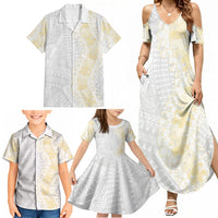 Niue White Sunday Family Matching Summer Maxi Dress and Hawaiian Shirt Niuean Hiapo With Puakenikeni Lei