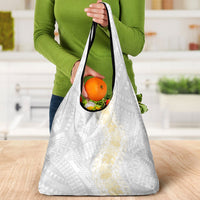Niue White Sunday Grocery Bag Niuean Hiapo With Puakenikeni Lei