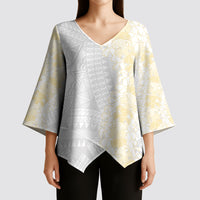 Niue White Sunday Kimono Sleeve Blouse Niuean Hiapo With Puakenikeni Lei