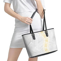Niue White Sunday Leather Tote Bag Niuean Hiapo With Puakenikeni Lei