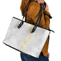 Niue White Sunday Leather Tote Bag Niuean Hiapo With Puakenikeni Lei