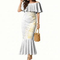 Niue White Sunday Mermaid Dress Niuean Hiapo With Puakenikeni Lei