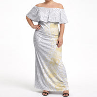 Niue White Sunday Off Shoulder Maxi Dress Niuean Hiapo With Puakenikeni Lei