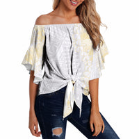 Niue White Sunday Off Shoulder Wrap Waist Top Niuean Hiapo With Puakenikeni Lei