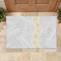 Niue White Sunday Rubber Doormat Niuean Hiapo With Puakenikeni Lei