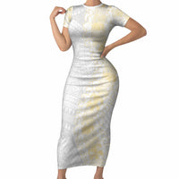 Niue White Sunday Short Sleeve Bodycon Dress Niuean Hiapo With Puakenikeni Lei