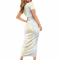 Niue White Sunday Short Sleeve Bodycon Dress Niuean Hiapo With Puakenikeni Lei