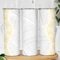 Niue White Sunday Skinny Tumbler Niuean Hiapo With Puakenikeni Lei