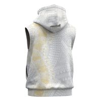 Niue White Sunday Sleeveless Hoodie Niuean Hiapo With Puakenikeni Lei