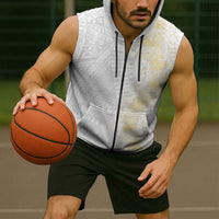 Niue White Sunday Sleeveless Zip Hoodie Niuean Hiapo With Puakenikeni Lei