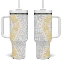 Niue White Sunday Tumbler With Handle Niuean Hiapo With Puakenikeni Lei