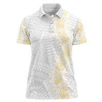 Niue White Sunday Women Polo Shirt Niuean Hiapo With Puakenikeni Lei