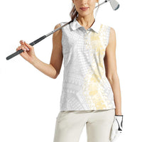 Niue White Sunday Women Sleeveless Polo Shirt Niuean Hiapo With Puakenikeni Lei