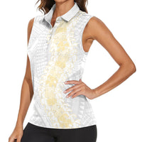 Niue White Sunday Women Sleeveless Polo Shirt Niuean Hiapo With Puakenikeni Lei