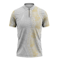 Niue White Sunday Zipper Polo Shirt Niuean Hiapo With Puakenikeni Lei