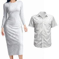 American Samoa White Sunday Couples Matching Long Sleeve Bodycon Dress and Hawaiian Shirt Polynesian Pattern With Tropical Flowers