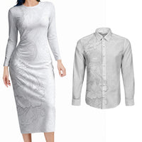 American Samoa White Sunday Couples Matching Long Sleeve Bodycon Dress and Long Sleeve Button Shirt Polynesian Pattern With Tropical Flowers