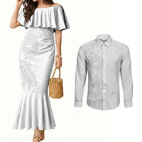 American Samoa White Sunday Couples Matching Mermaid Dress and Long Sleeve Button Shirt Polynesian Pattern With Tropical Flowers