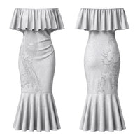 American Samoa White Sunday Couples Matching Mermaid Dress and Long Sleeve Button Shirt Polynesian Pattern With Tropical Flowers