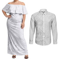 American Samoa White Sunday Couples Matching Off Shoulder Maxi Dress and Long Sleeve Button Shirt Polynesian Pattern With Tropical Flowers